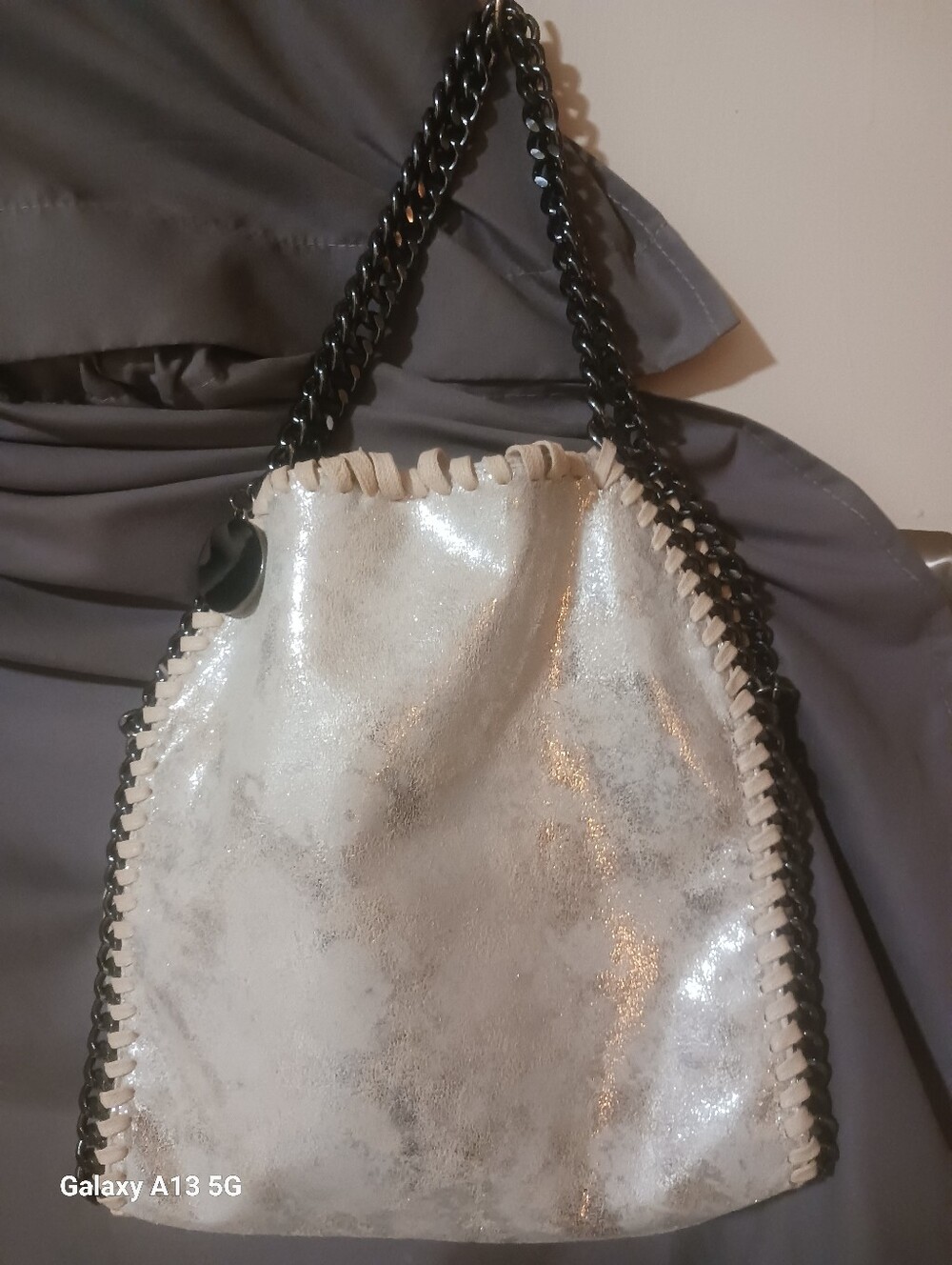 Iridescent Silver Tote with Dark Silver Chain Handles/crossbody